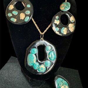 Vintage Set Black with Teal,Brushed Gold Pendant, Earrings,Ring and Necklace